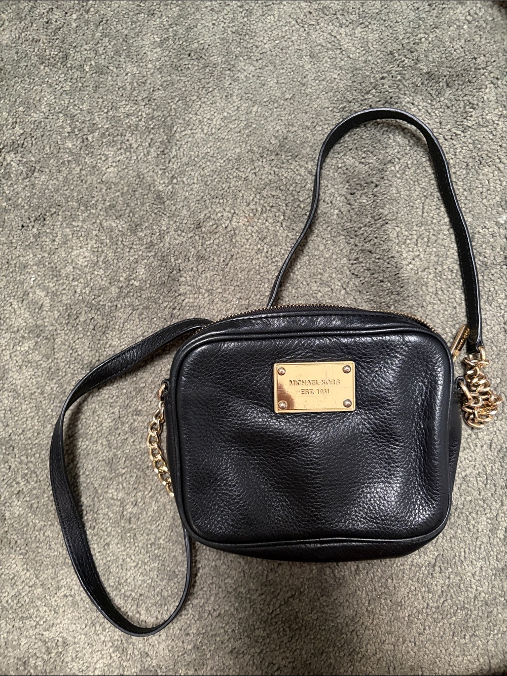 Michael Kors Black Leather Crossbody with Gold Plaque